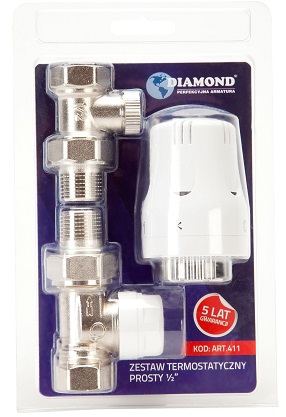 Zestaw termostatyczny prosty 1/2" Diamond 411 do grzejnika GŁOWICA+ZAWORY