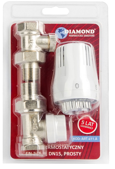 Zestaw termostatyczny prosty 1/2" Diamond 411A do grzejnika GŁOWICA+ZAWORY